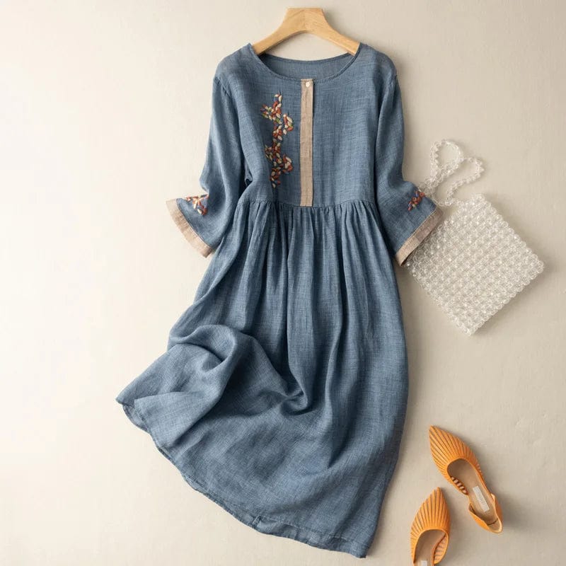 2023 New Summer High Waist Short Sleeve O-Neck Vintage Women Dresses Cotton Flower Embroidered Ladies Sundress Robe Femme