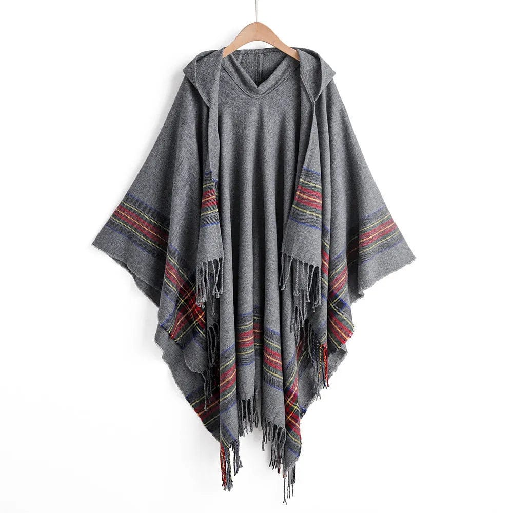 Autumn New Women Cape Coat Cashmere Fringe Poncho Oblique Stripe Vintage Cloak Coat Bohemian Shawl Hooded Shawl Man Streetwear