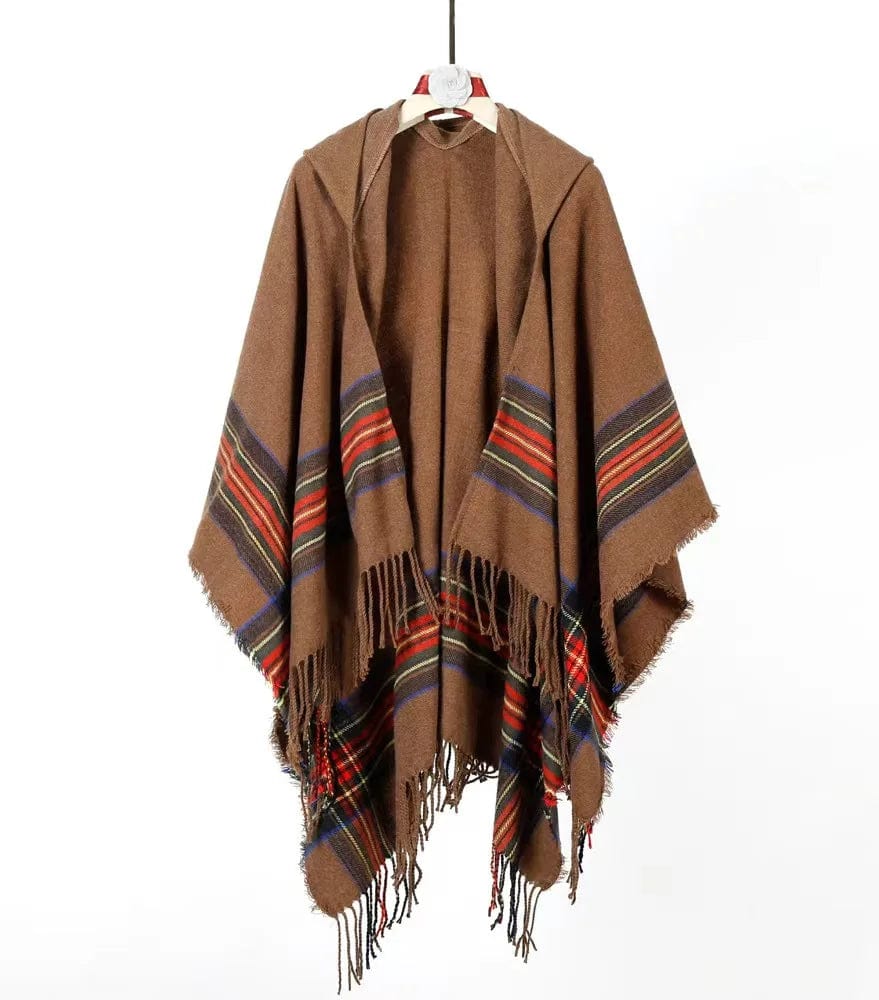 Autumn New Women Cape Coat Cashmere Fringe Poncho Oblique Stripe Vintage Cloak Coat Bohemian Shawl Hooded Shawl Man Streetwear