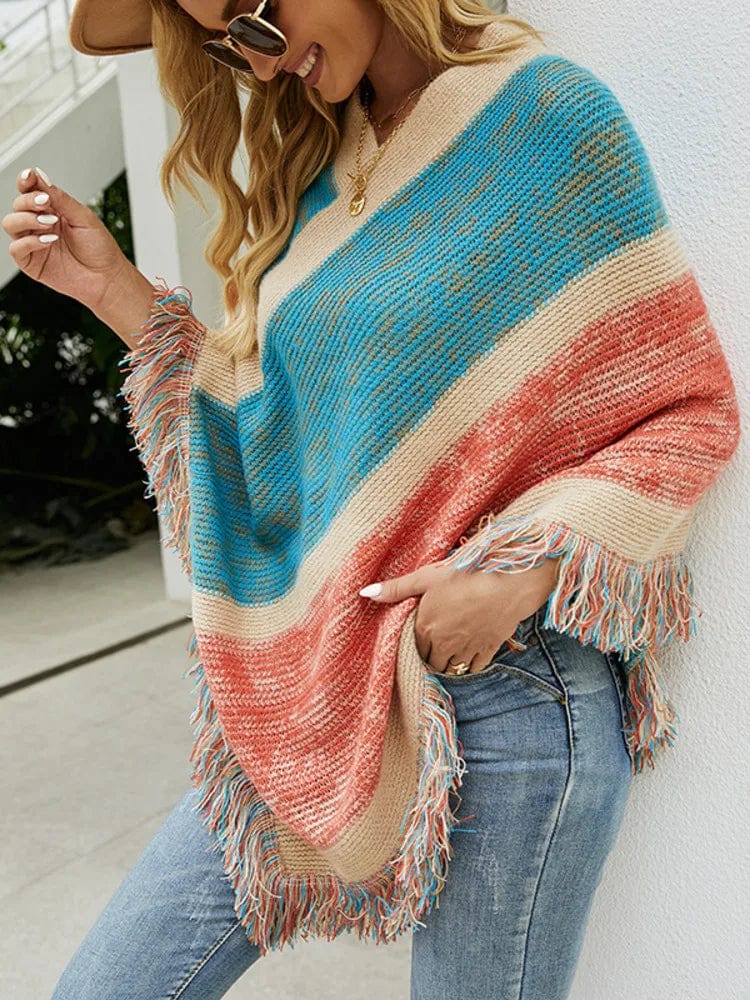 Autumn Winter Batwing Sleeve Rainbow Striped Poncho Women Fashion Sweater Cloak 2023 New Pullover Shawl Female Tassel Cape