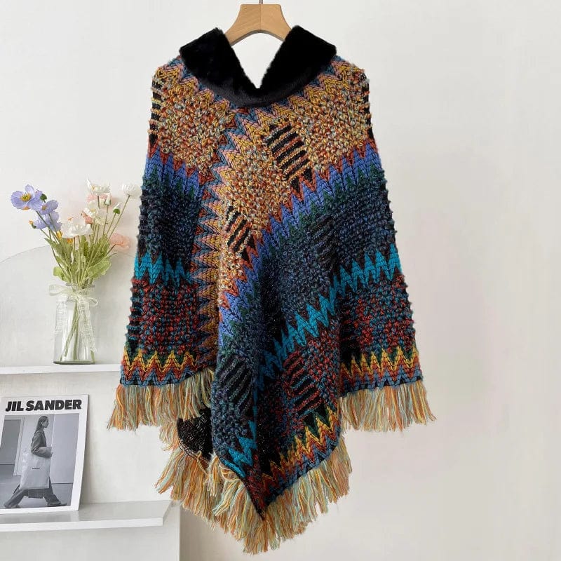 Autumn Winter  Capes National Knitted Cloak Women New Pullover Cloak Tassel Warm Shawl Imitation Wool Collar Ponchos