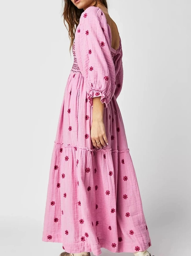 Chloefairy Fashion Women s 3D Floral Embroidered Maxi Dress Puff Sleeve Square Neck Tiered Flowy A-line Dress
