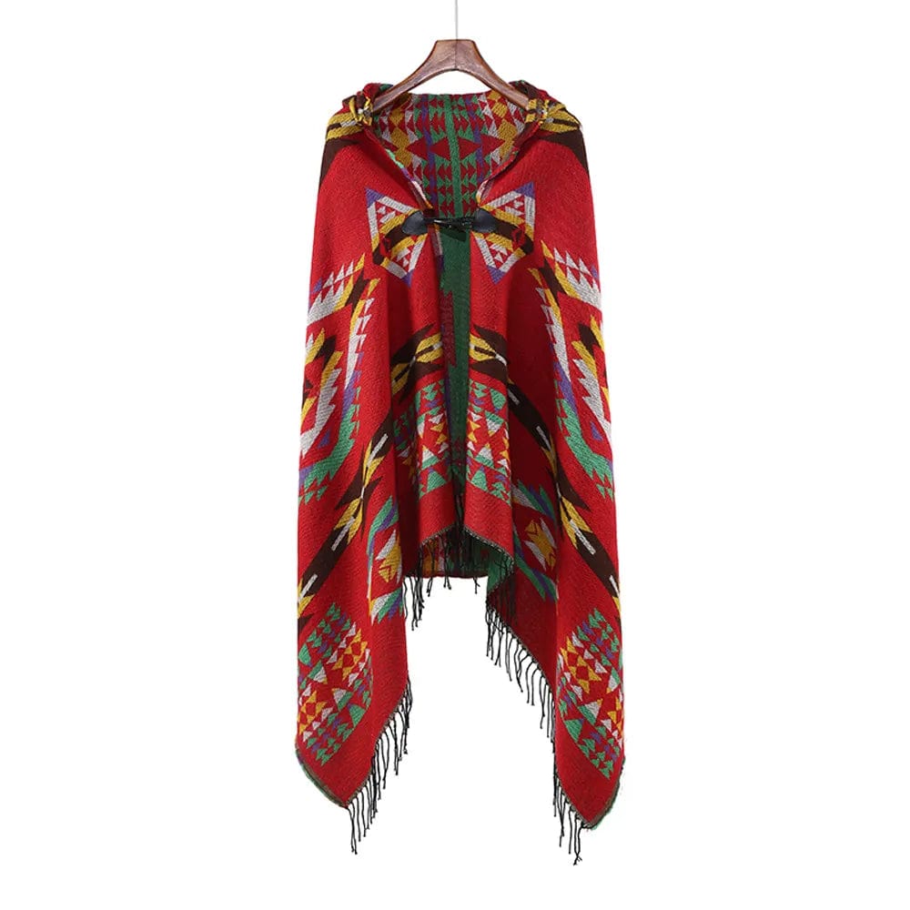 Spring Autumn Imitation wool Cattle Horn Buckle National Wind Hooded Cape Bohemian National Wind Poncho Lady Capes Red 2 Cloaks