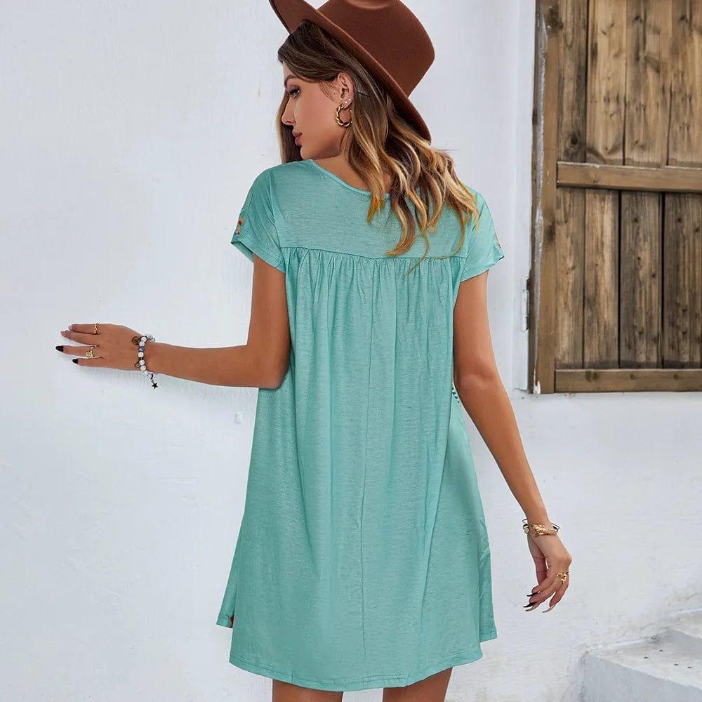 TEELYNN Casual O-neck Short Sleeve Mini Dresses Women Robe Vintage Cotton Floral Print Loose Shirt Dress Boho Ladies Vestidos