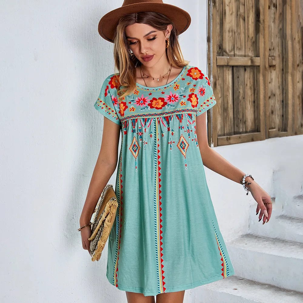 TEELYNN Casual O-neck Short Sleeve Mini Dresses Women Robe Vintage Cotton Floral Print Loose Shirt Dress Boho Ladies Vestidos