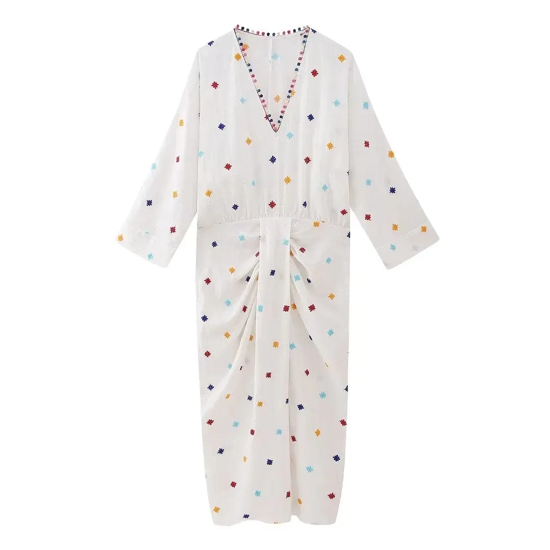 TRAF Embroidered Midi Dress For Women Casual Long Wide Sleeve Loose Dresses Vintage Front Pleat Split Japan Style Dress 2023