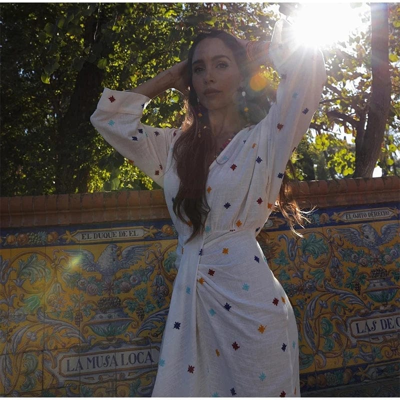 TRAF Embroidered Midi Dress For Women Casual Long Wide Sleeve Loose Dresses Vintage Front Pleat Split Japan Style Dress 2023
