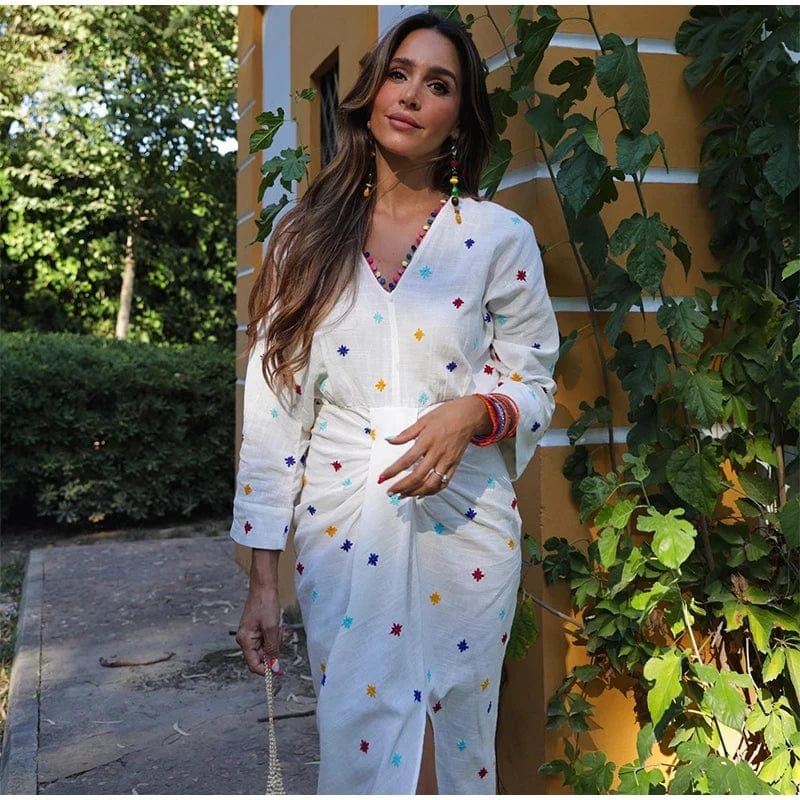 TRAF Embroidered Midi Dress For Women Casual Long Wide Sleeve Loose Dresses Vintage Front Pleat Split Japan Style Dress 2023