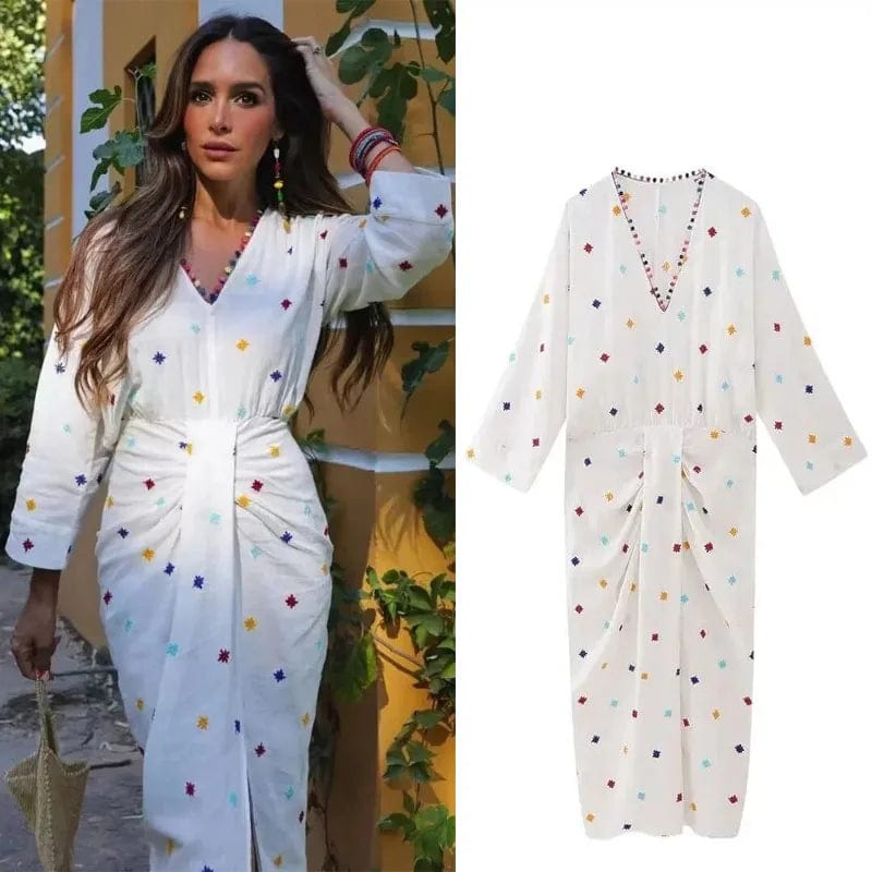 TRAF Embroidered Midi Dress For Women Casual Long Wide Sleeve Loose Dresses Vintage Front Pleat Split Japan Style Dress 2023