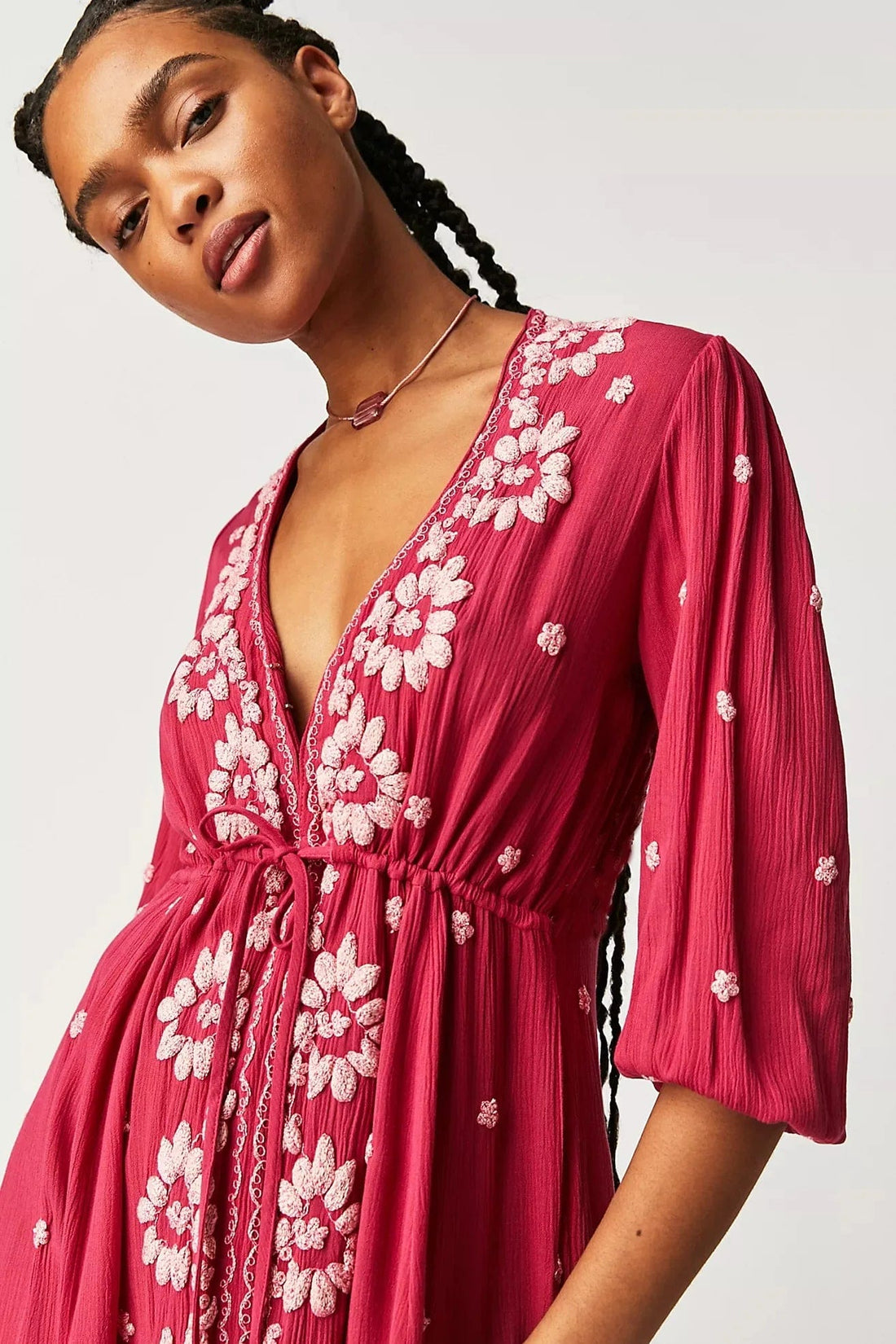 Women's Floral Embroidered Midi Dress Front of waistline is Stretchy Three-quarter Length Bubble Sleeves Bohemian Dresses